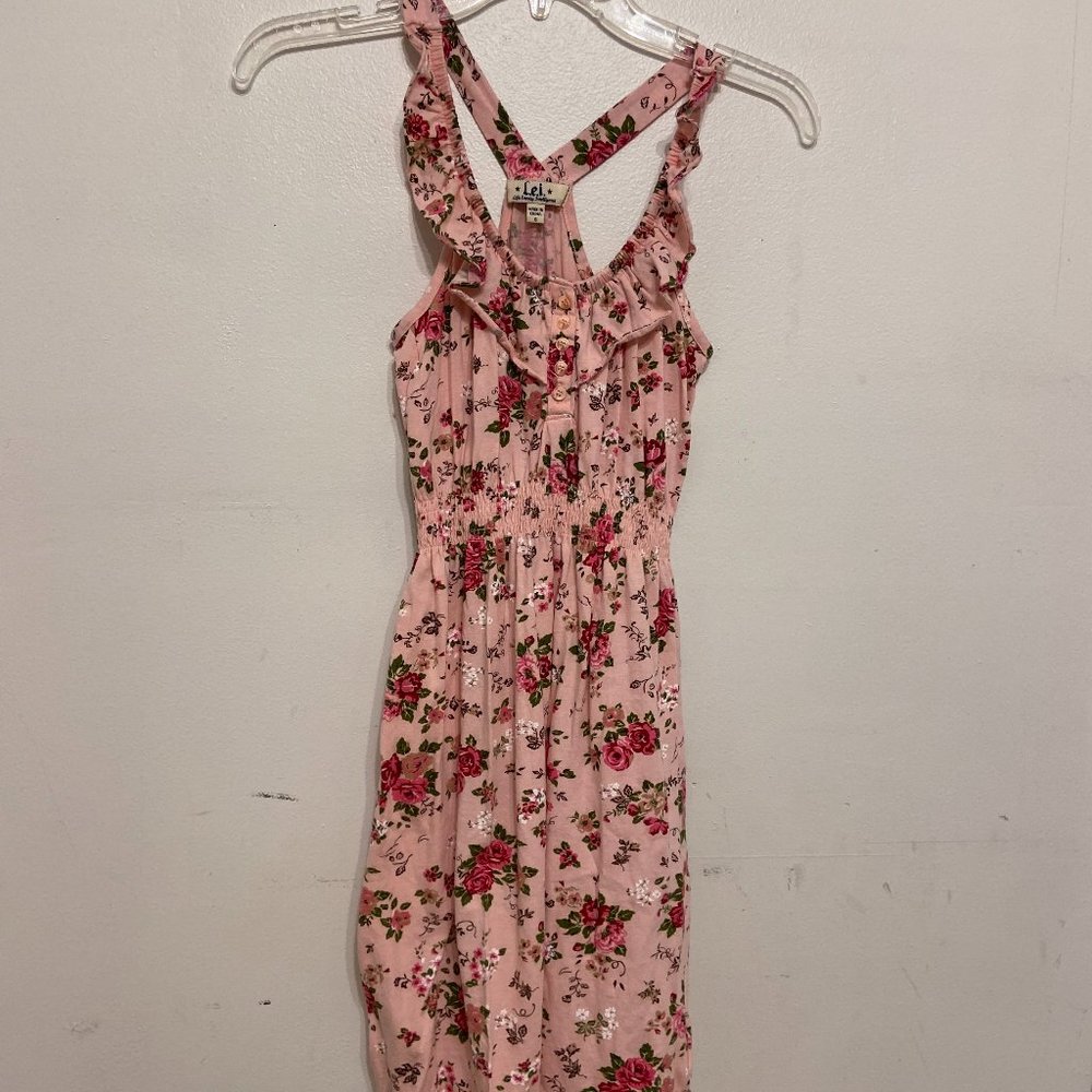 Junior Pink Summer Dress Flowers LEI Brand Size Small Elastic Waist Cotton Dress